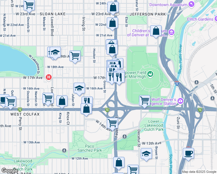 map of restaurants, bars, coffee shops, grocery stores, and more near 1593 Grove Street in Denver