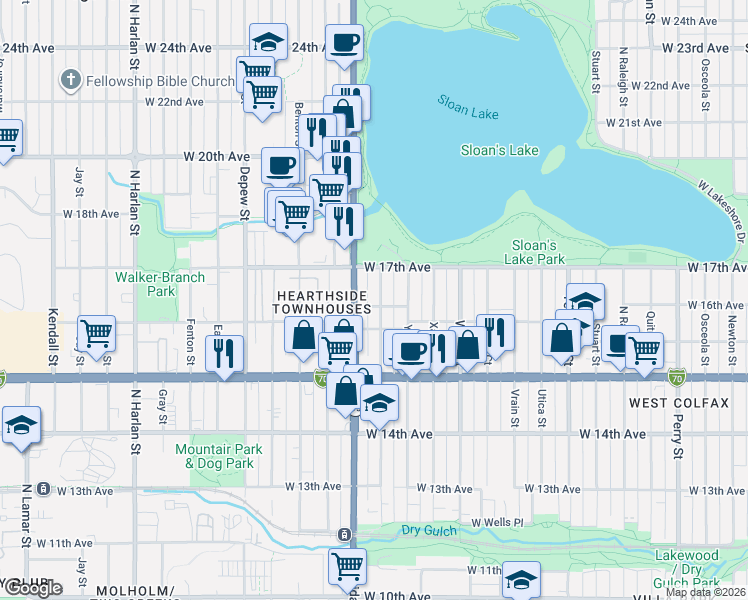 map of restaurants, bars, coffee shops, grocery stores, and more near 5100 West Annie Place in Denver
