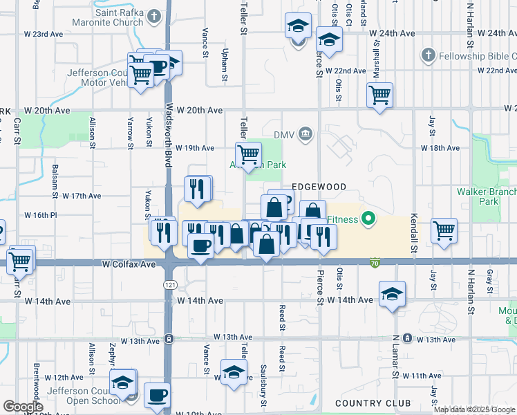 map of restaurants, bars, coffee shops, grocery stores, and more near 1612 Teller Street in Lakewood