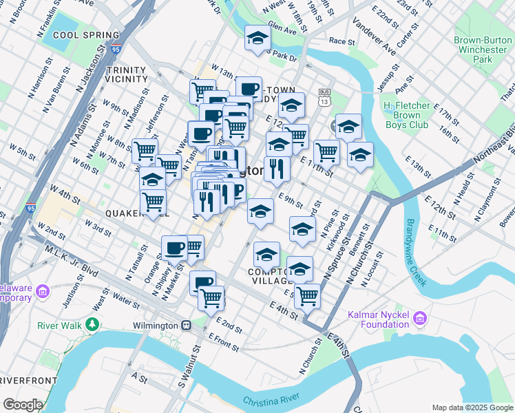 map of restaurants, bars, coffee shops, grocery stores, and more near 200-298 E 8th St in Wilmington