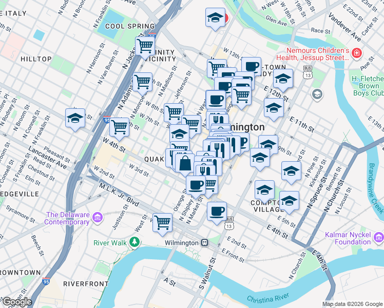 map of restaurants, bars, coffee shops, grocery stores, and more near 200 West 6th Street in Wilmington