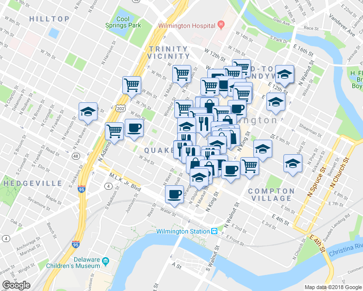 map of restaurants, bars, coffee shops, grocery stores, and more near 307 West 5th Street in Wilmington