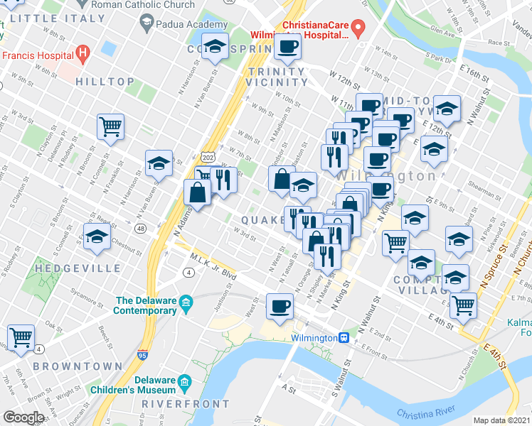 map of restaurants, bars, coffee shops, grocery stores, and more near in Wilmington