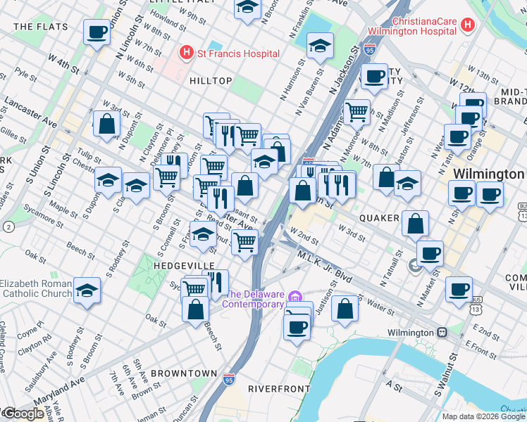 map of restaurants, bars, coffee shops, grocery stores, and more near 1003 Pleasant Street in Wilmington