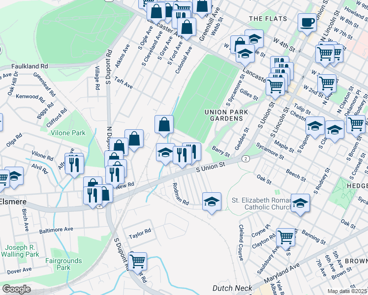 map of restaurants, bars, coffee shops, grocery stores, and more near 2108 Seneca Road in Wilmington