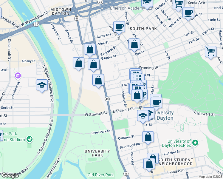 map of restaurants, bars, coffee shops, grocery stores, and more near 27 Fairground Avenue in Dayton