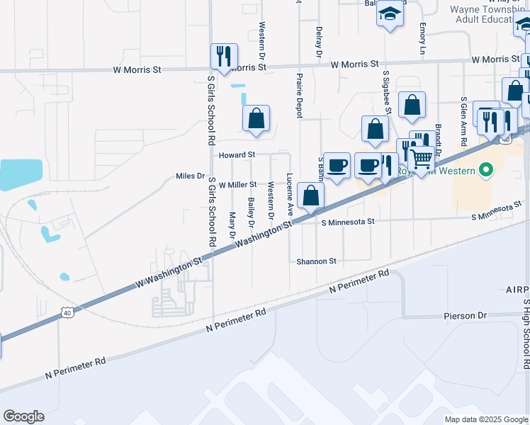 map of restaurants, bars, coffee shops, grocery stores, and more near 1552 Western Drive in Indianapolis