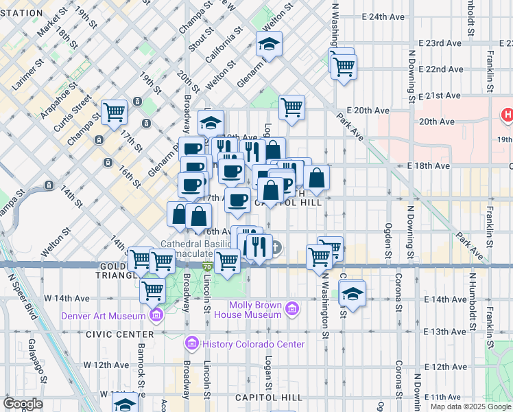 map of restaurants, bars, coffee shops, grocery stores, and more near 300 East 17th Avenue in Denver