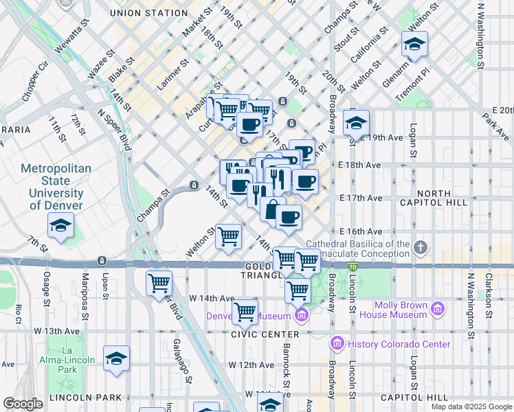 map of restaurants, bars, coffee shops, grocery stores, and more near 500 15th Street in Denver
