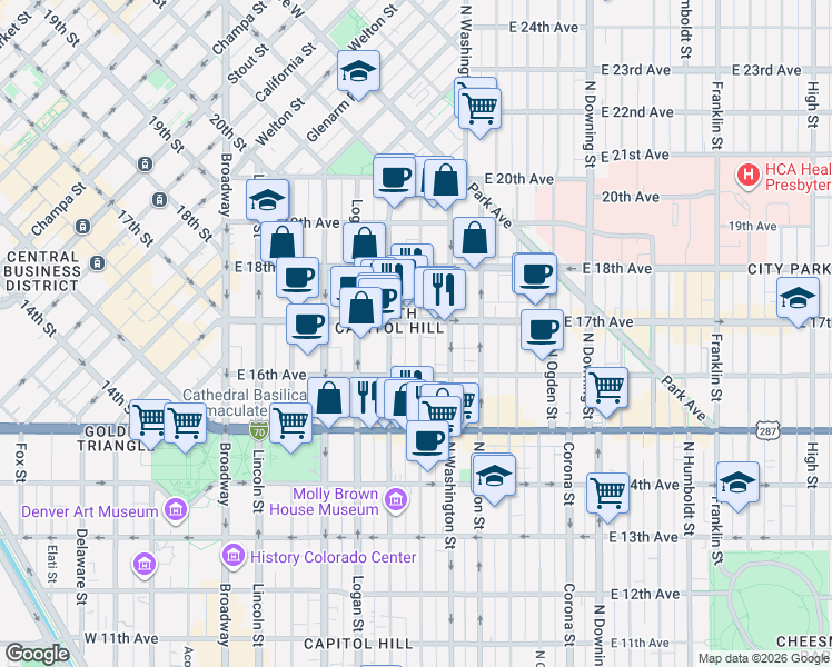 map of restaurants, bars, coffee shops, grocery stores, and more near 1665 North Pearl Street in Denver