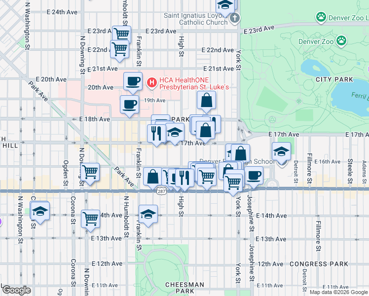 map of restaurants, bars, coffee shops, grocery stores, and more near 1645 Race Street in Denver