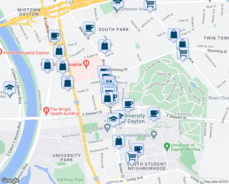 map of restaurants, bars, coffee shops, grocery stores, and more near 22 Woodland Avenue in Dayton