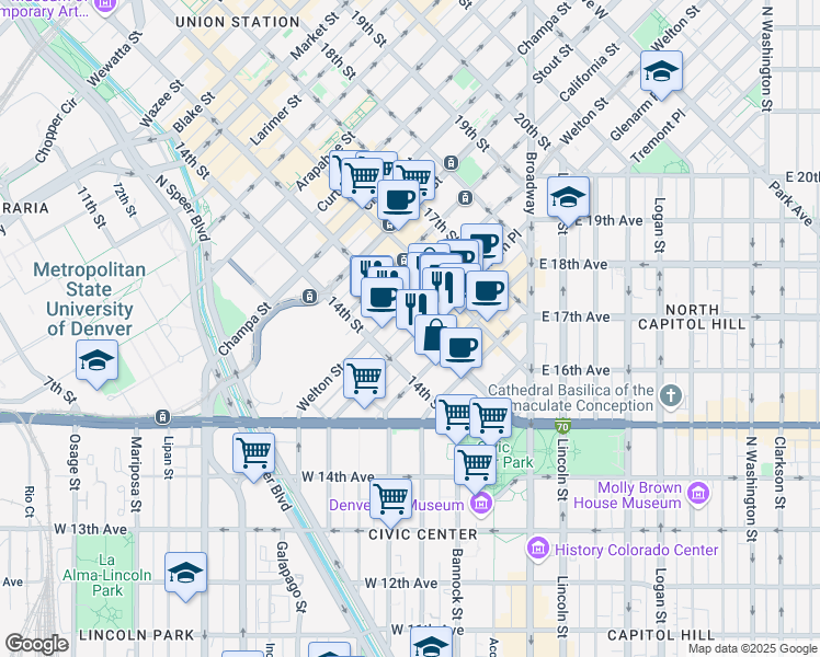 map of restaurants, bars, coffee shops, grocery stores, and more near 500 15th Street in Denver