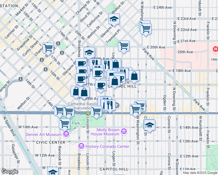 map of restaurants, bars, coffee shops, grocery stores, and more near 300 East 17th Avenue in Denver