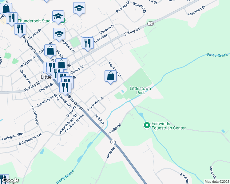 map of restaurants, bars, coffee shops, grocery stores, and more near 131 East Lakeview Drive in Littlestown