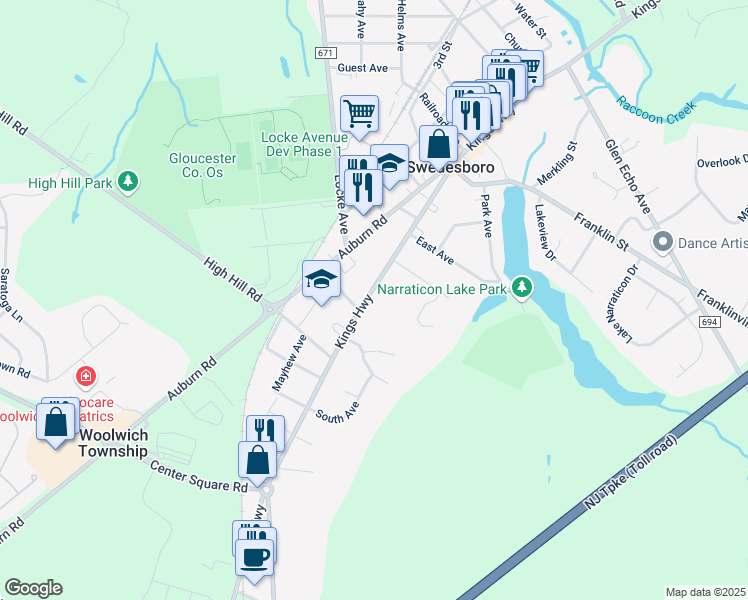 map of restaurants, bars, coffee shops, grocery stores, and more near 1744 Kings Highway in Swedesboro
