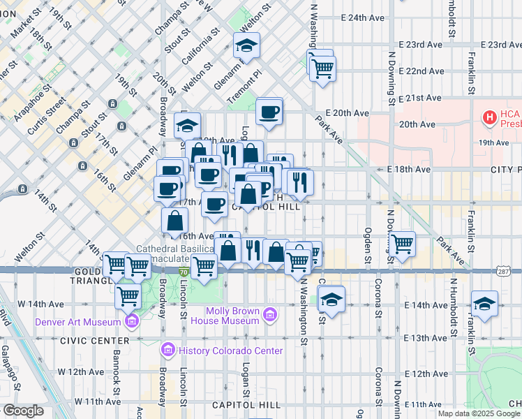 map of restaurants, bars, coffee shops, grocery stores, and more near 1640 Logan Street in Denver