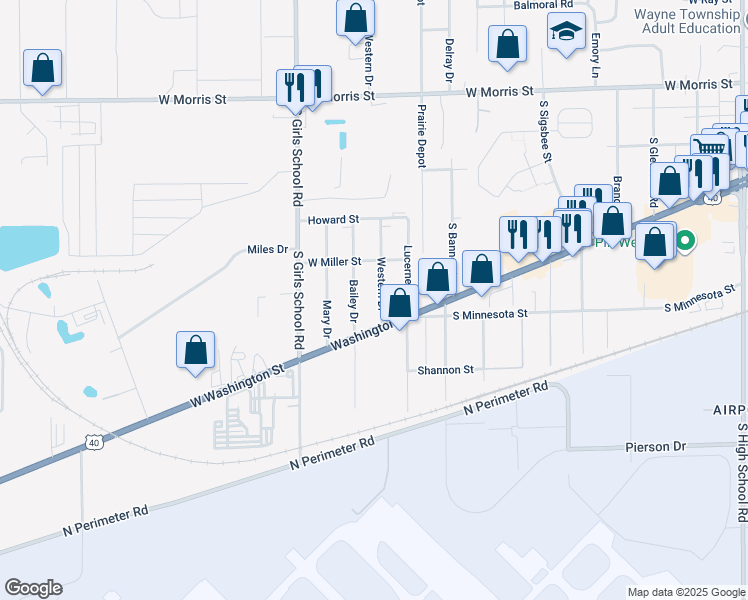 map of restaurants, bars, coffee shops, grocery stores, and more near 1552 Western Drive in Indianapolis