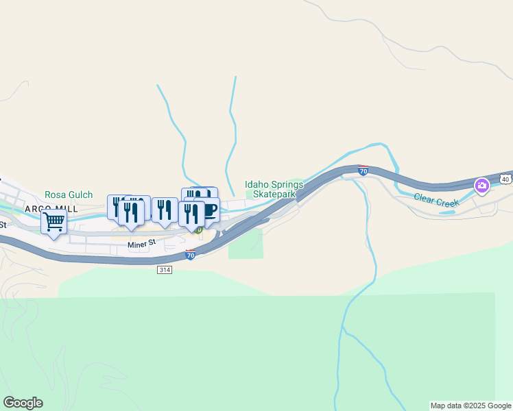 map of restaurants, bars, coffee shops, grocery stores, and more near 3305 Riverside Drive in Idaho Springs