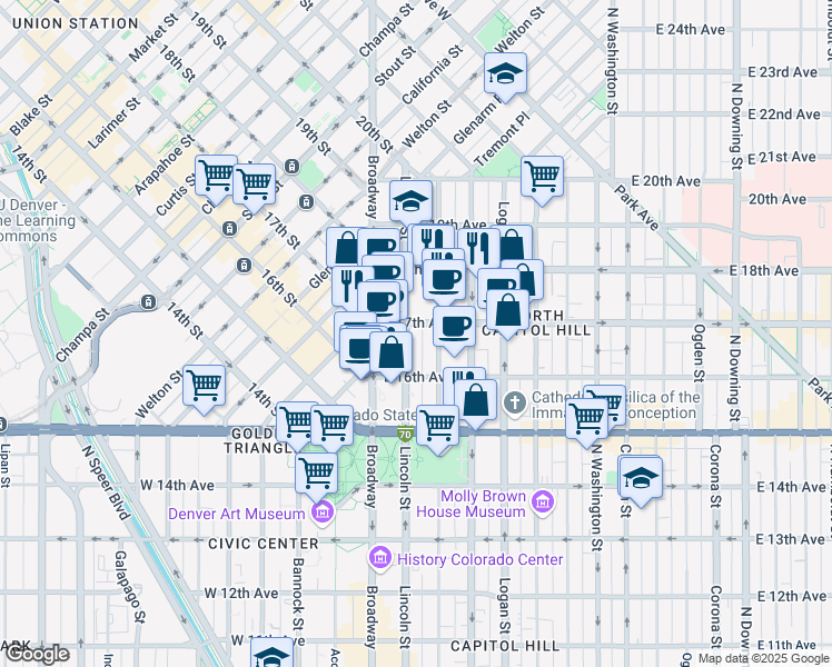 map of restaurants, bars, coffee shops, grocery stores, and more near in Denver