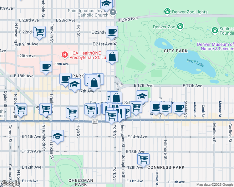 map of restaurants, bars, coffee shops, grocery stores, and more near 1642 York Street in Denver