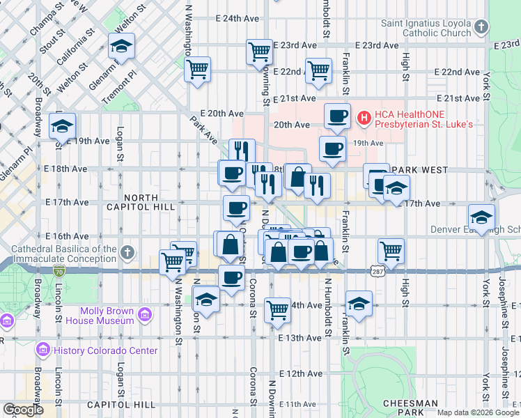 map of restaurants, bars, coffee shops, grocery stores, and more near 1640 North Downing Street in Denver