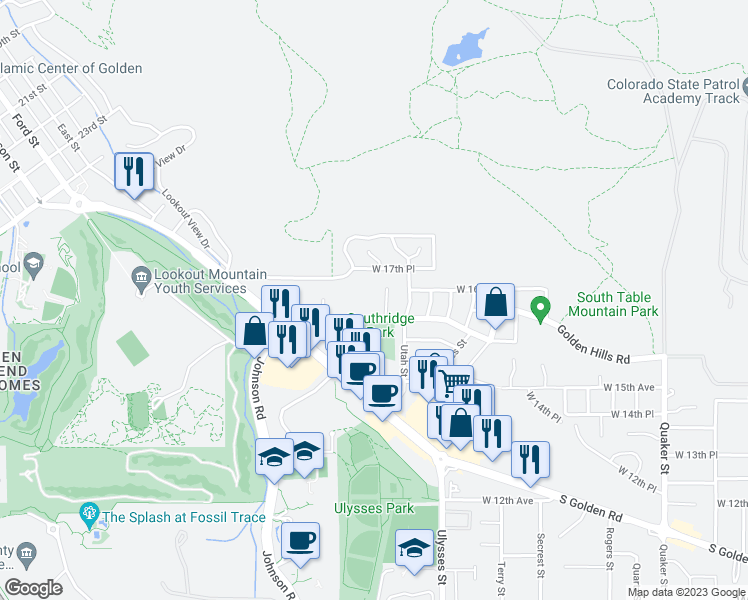 map of restaurants, bars, coffee shops, grocery stores, and more near 17455 West 16th Avenue in Golden