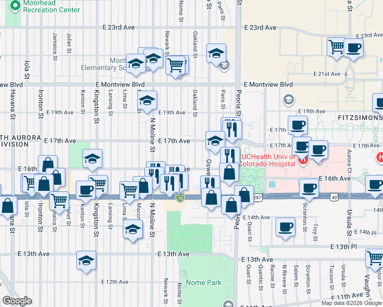 map of restaurants, bars, coffee shops, grocery stores, and more near 1620 Nome Street in Aurora