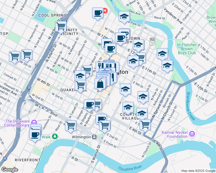 map of restaurants, bars, coffee shops, grocery stores, and more near 701 North King Street in Wilmington