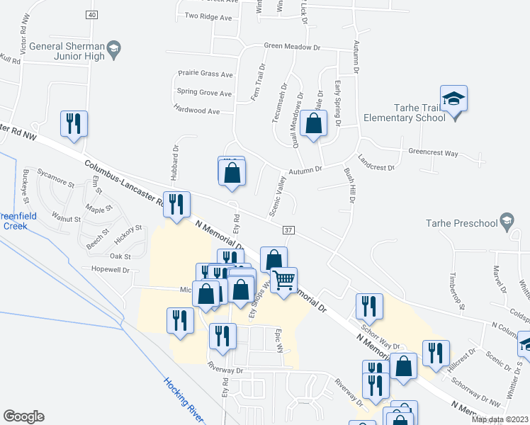 map of restaurants, bars, coffee shops, grocery stores, and more near 1501 Scenic Valley Place in Lancaster