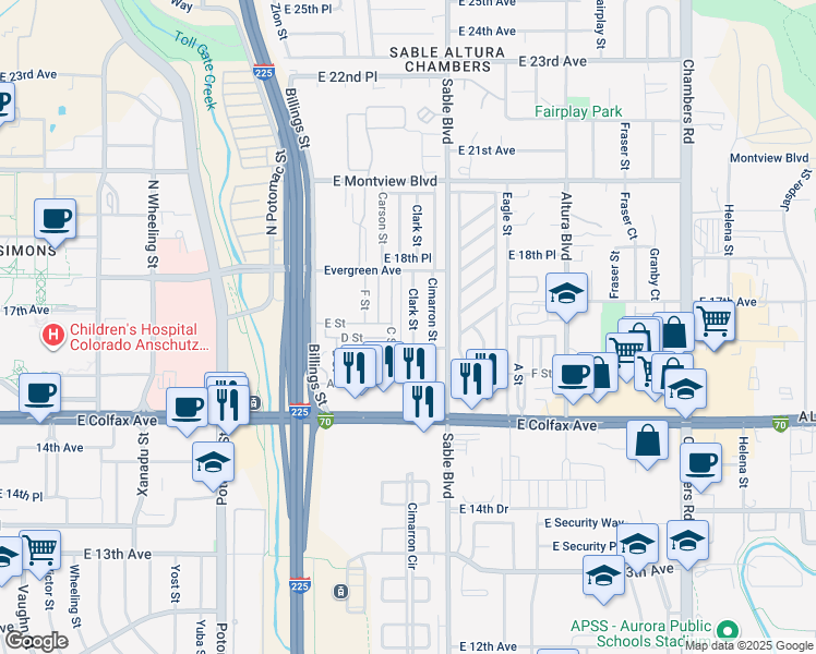 map of restaurants, bars, coffee shops, grocery stores, and more near 1651 Clark Street in Aurora