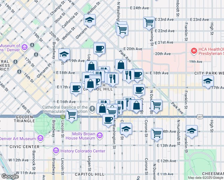 map of restaurants, bars, coffee shops, grocery stores, and more near 1641 North Washington Street in Denver