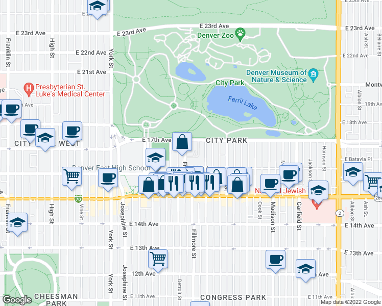 map of restaurants, bars, coffee shops, grocery stores, and more near 1663 Fillmore Street in Denver