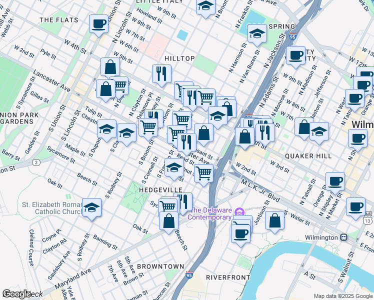 map of restaurants, bars, coffee shops, grocery stores, and more near 1203 Lancaster Avenue in Wilmington