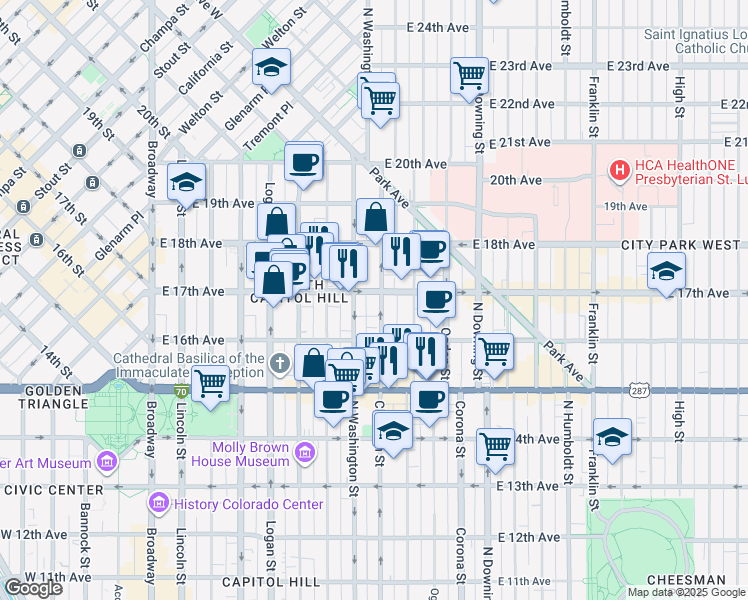 map of restaurants, bars, coffee shops, grocery stores, and more near 810 East 17th Avenue in Denver