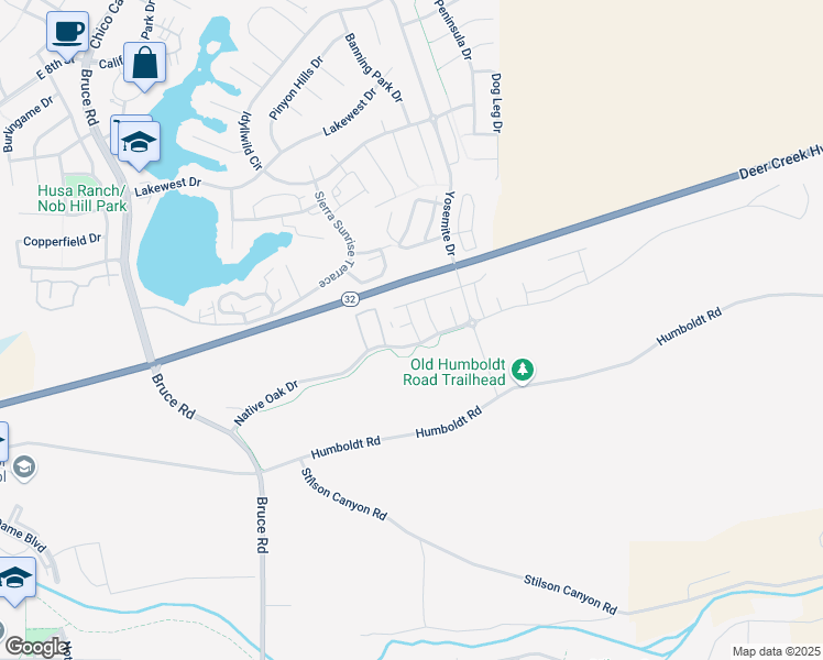 map of restaurants, bars, coffee shops, grocery stores, and more near 2852 Native Oak Drive in Chico