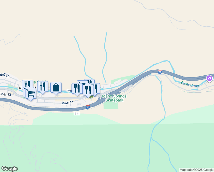 map of restaurants, bars, coffee shops, grocery stores, and more near 3201 Riverside Drive in Idaho Springs