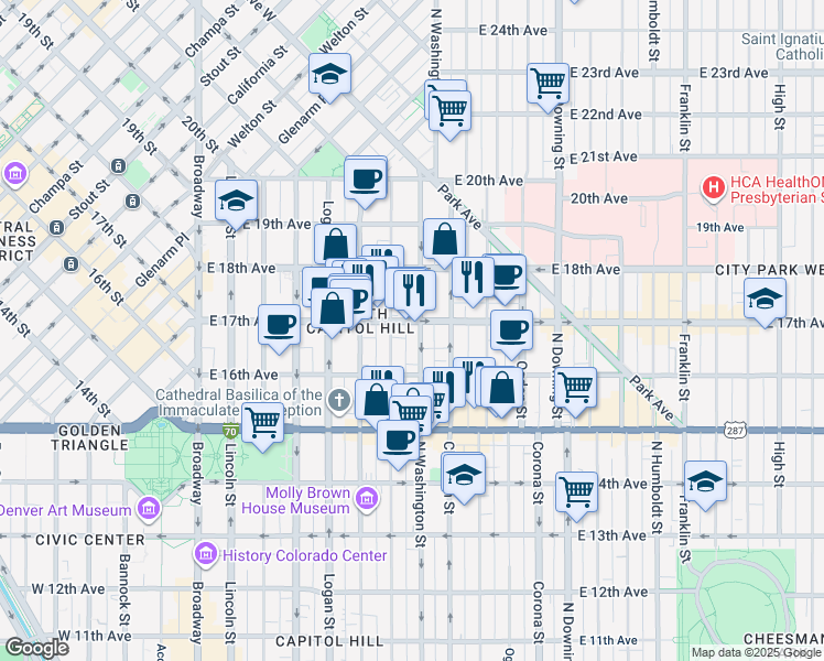map of restaurants, bars, coffee shops, grocery stores, and more near 1671 North Washington Street in Denver