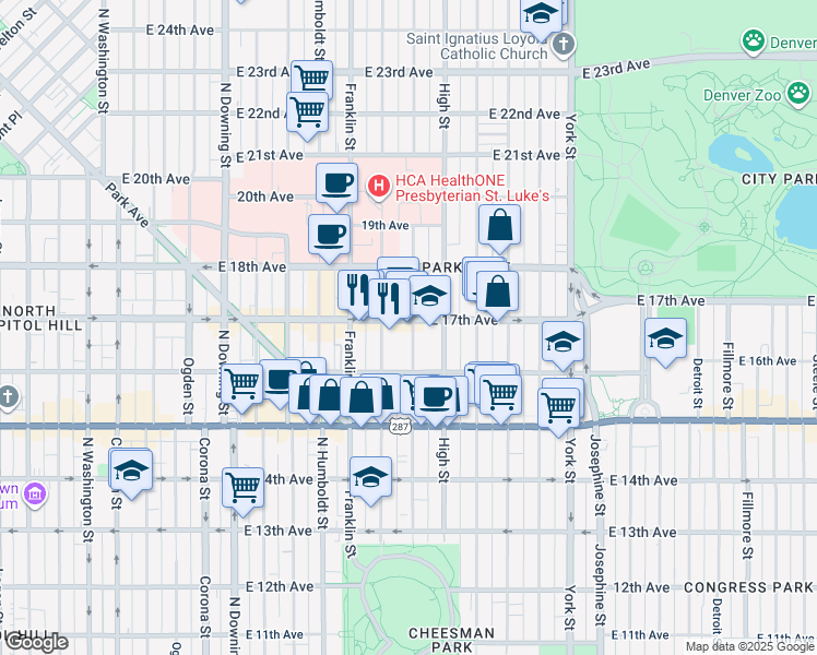 map of restaurants, bars, coffee shops, grocery stores, and more near in Denver