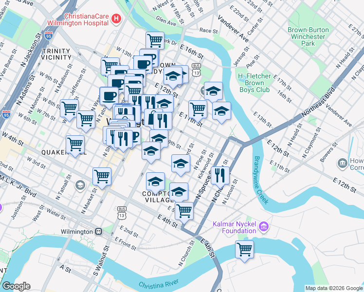 map of restaurants, bars, coffee shops, grocery stores, and more near 288 Compton Court in Wilmington