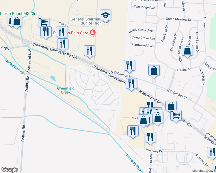 map of restaurants, bars, coffee shops, grocery stores, and more near 2445 Columbus-Lancaster Road Northwest in Lancaster