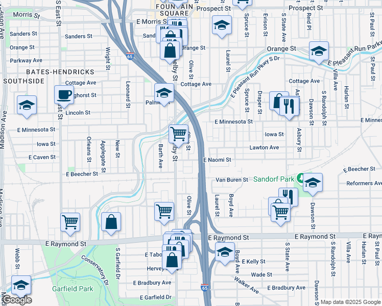 map of restaurants, bars, coffee shops, grocery stores, and more near 1833 Olive Street in Indianapolis