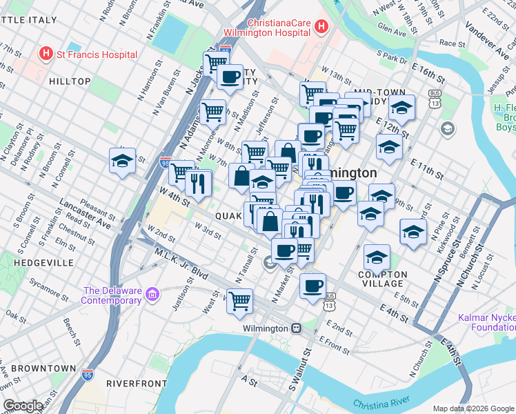 map of restaurants, bars, coffee shops, grocery stores, and more near 517 North West Street in Wilmington