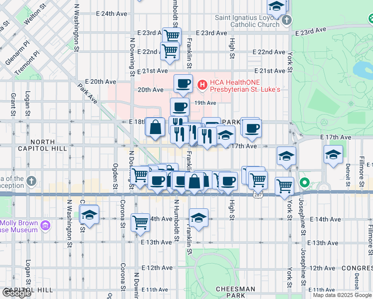 map of restaurants, bars, coffee shops, grocery stores, and more near 1691 Franklin Street in Denver