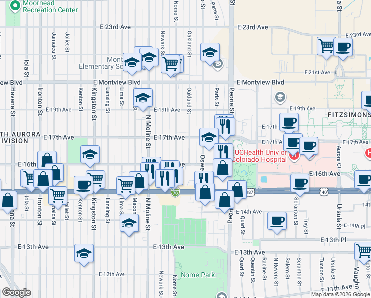 map of restaurants, bars, coffee shops, grocery stores, and more near 1620 Nome Street in Aurora