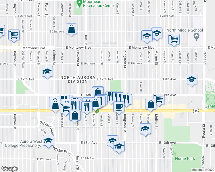 map of restaurants, bars, coffee shops, grocery stores, and more near 1624 Jamaica Street in Aurora