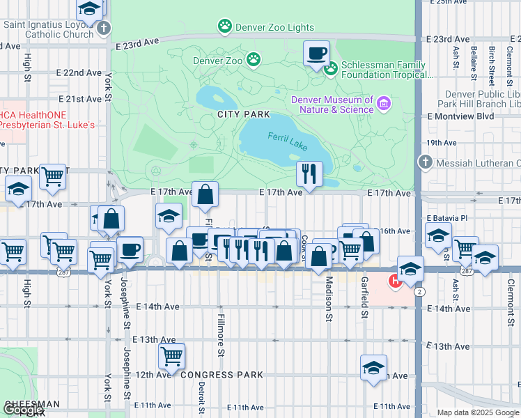map of restaurants, bars, coffee shops, grocery stores, and more near 1623 Steele Street in Denver