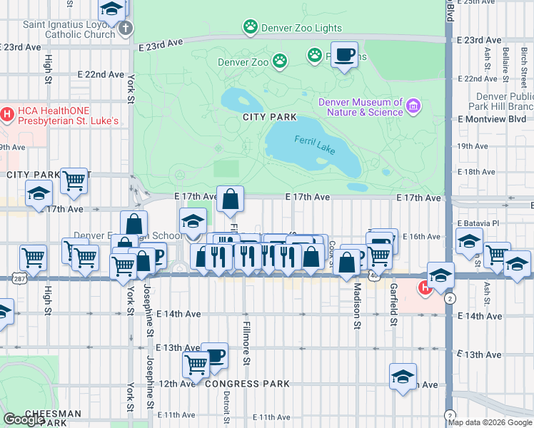 map of restaurants, bars, coffee shops, grocery stores, and more near in Denver