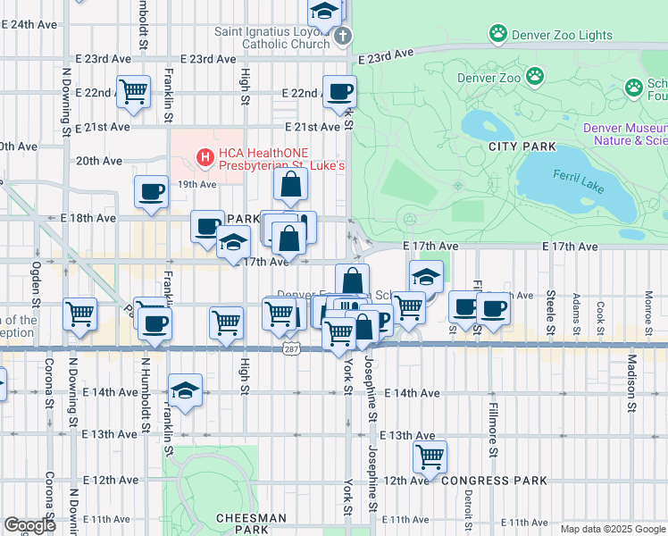 map of restaurants, bars, coffee shops, grocery stores, and more near 1652 North Gaylord Street in Denver