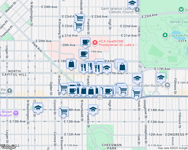 map of restaurants, bars, coffee shops, grocery stores, and more near 1644 Gilpin Street in Denver